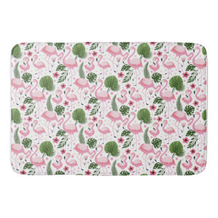 Tropical Flamingo & Palm Leaves Pattern Bath Mat