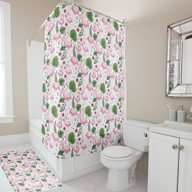 Tropical Flamingo & Palm Leaves Pattern Shower Curtain (Creator Uploaded)