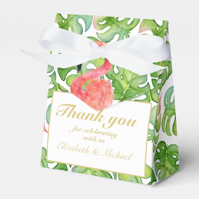 Tropical Flamingo Palm Leaves Pink Green THANK YOU Favour Box (Front Side)
