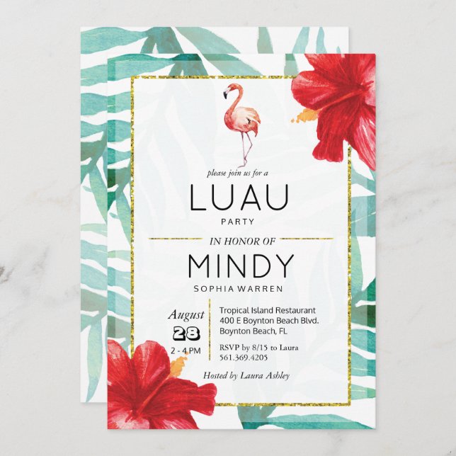 Tropical Flamingo Palm Luau Party Invitation (Front/Back)