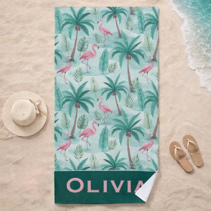 Tropical Flamingo & Palm Tree Beach Towel