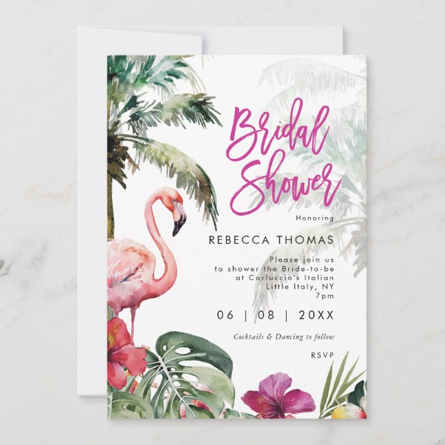 tropical flamingo palms bridal shower invitation (Front)