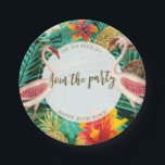 tropical flamingo party bbq plate with text<br><div class="desc">A funky tropical flamingo design paper plate for your summer picnics,  BBQ's and parties. Easy to edit the available text area to suit your requirements,  or simply delete if not required. Matching items such as stationery,  tags and stickers are available in this bright collection.</div>
