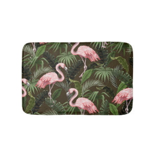 Tropical Flamingo Pattern: Vintage Leaves Bath Mat