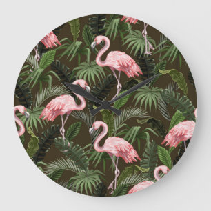 Tropical Flamingo Pattern: Vintage Leaves Large Clock