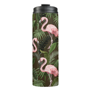 Tropical Flamingo Pattern: Vintage Leaves Thermal Tumbler