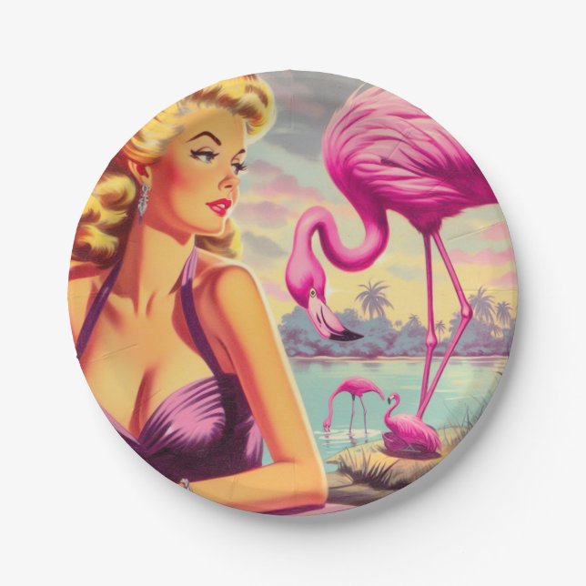 Tropical Flamingo Pin-up Paper Plate (Front)