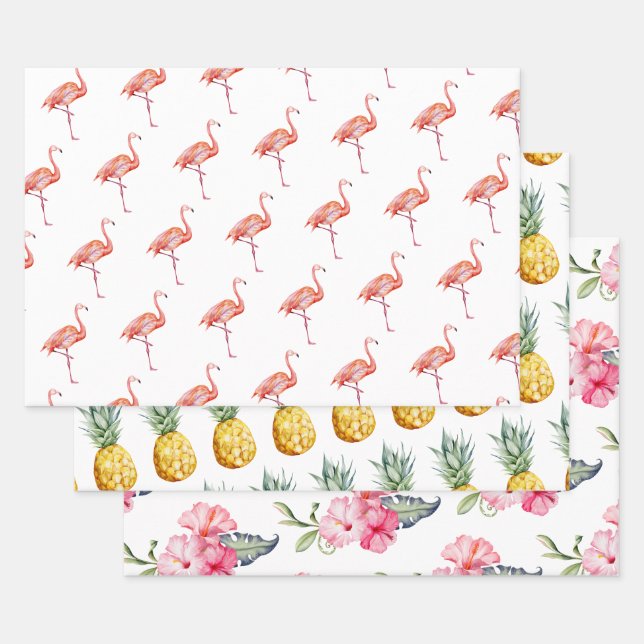 Tropical Flamingo Pineapple Summer Cute Wrapping Paper Sheet (Set)