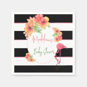 Tropical Flamingo Pink Black Stripe Baby Shower Napkin