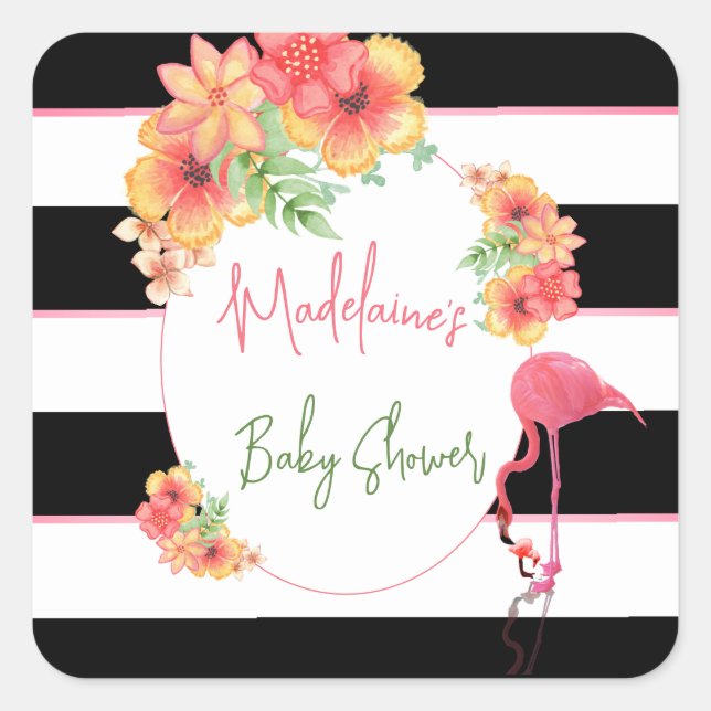 Tropical Flamingo Pink Black Stripe Baby Shower Square Sticker (Front)