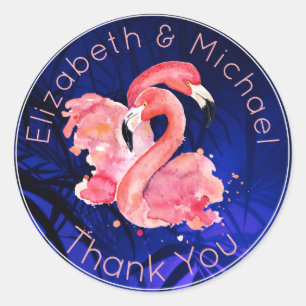Tropical Flamingo Pink Blue Thank You Favour Classic Round Sticker