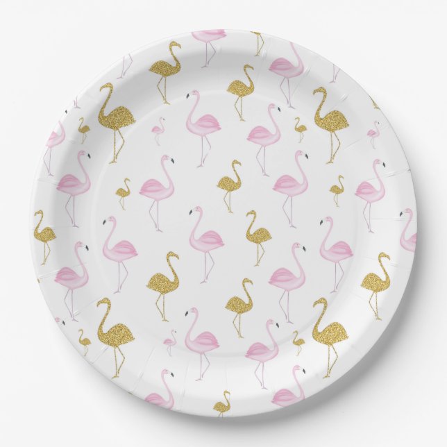 Tropical Flamingo Pink & Gold Paper Plates (Front)