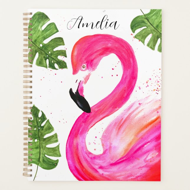 Tropical Flamingo Pink Palm Green Leaves Art Bird Planner (Front)