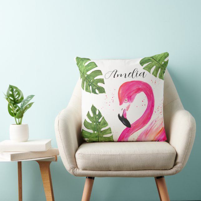 Tropical Flamingo Pink Palm Leaves Green Art Bird Cushion (Chair)