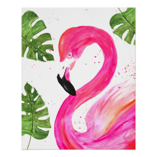 Tropical Flamingo Pink Palm Leaves Green Art Bird Poster