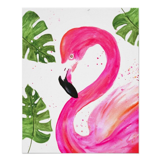 Tropical Flamingo Pink Palm Leaves Green Art Bird Poster (Front)