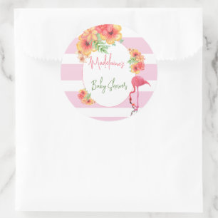 Tropical Flamingo Pink Stripe Baby Shower Classic Round Sticker