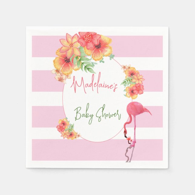 Tropical Flamingo Pink Stripe Baby Shower Napkin (Front)