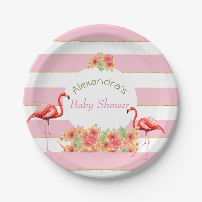 Tropical Flamingo  Pink Stripe Baby Shower Paper Plate (Front)