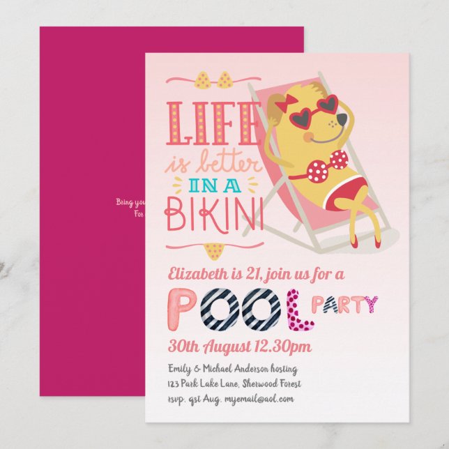 Tropical Flamingo POOL PARTY Pink Bikini Girls Invitation (Front/Back)