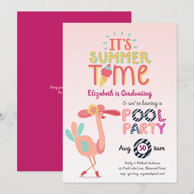 Tropical Flamingo POOL PARTY Pink Blue Girls Invitation (Front/Back)