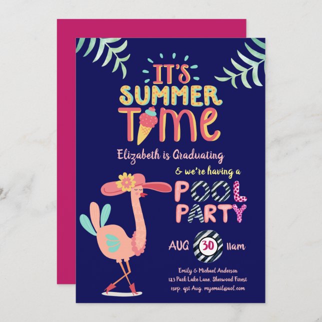 Tropical Flamingo POOL PARTY Pink Blue Girls Invitation (Front/Back)