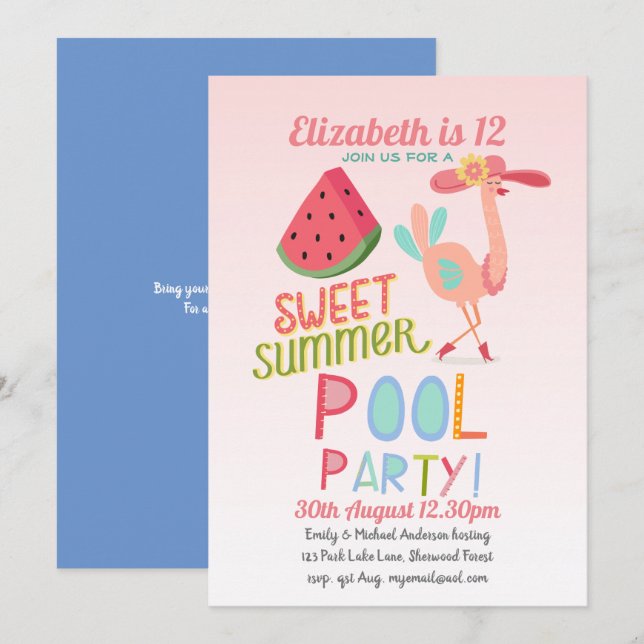 Tropical Flamingo POOL PARTY Pink WaterMelon Girls Invitation (Front/Back)