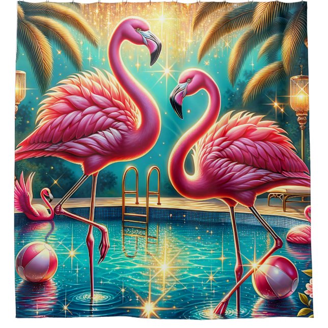 “Tropical Flamingo Pool Party - Vibrant Retro Art” Shower Curtain (Front)