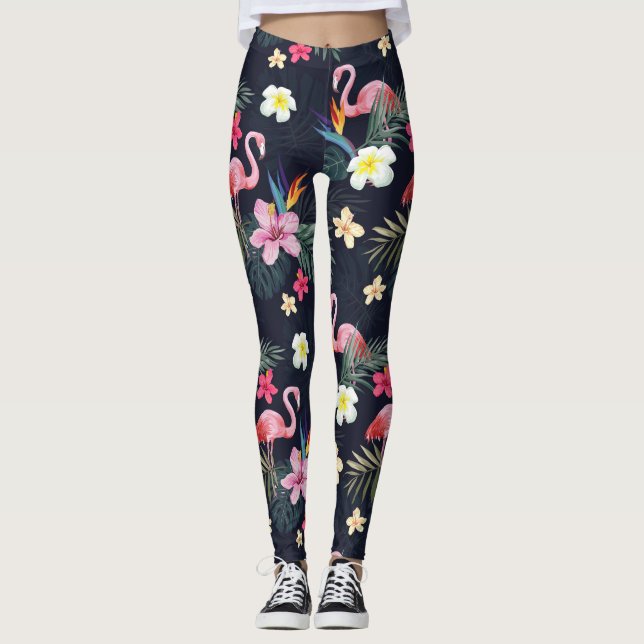 Tropical Flamingo Print, Exotic Botanical Flowers Leggings (Front)