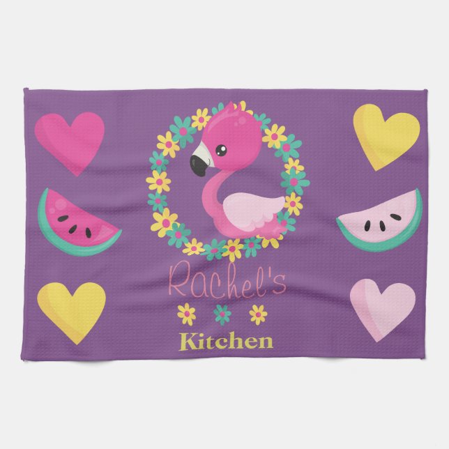 Tropical Flamingo purple pink and yellow hearts Tea Towel (Horizontal)