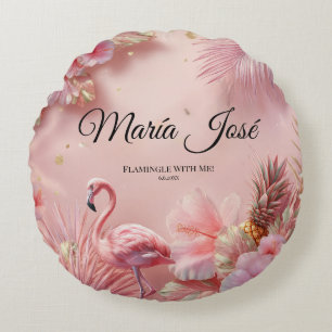 Tropical Flamingo Quinceañera, custom Round Cushion