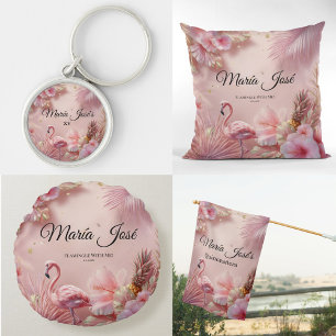 Tropical Flamingo Quinceañera, custom Round Cushion