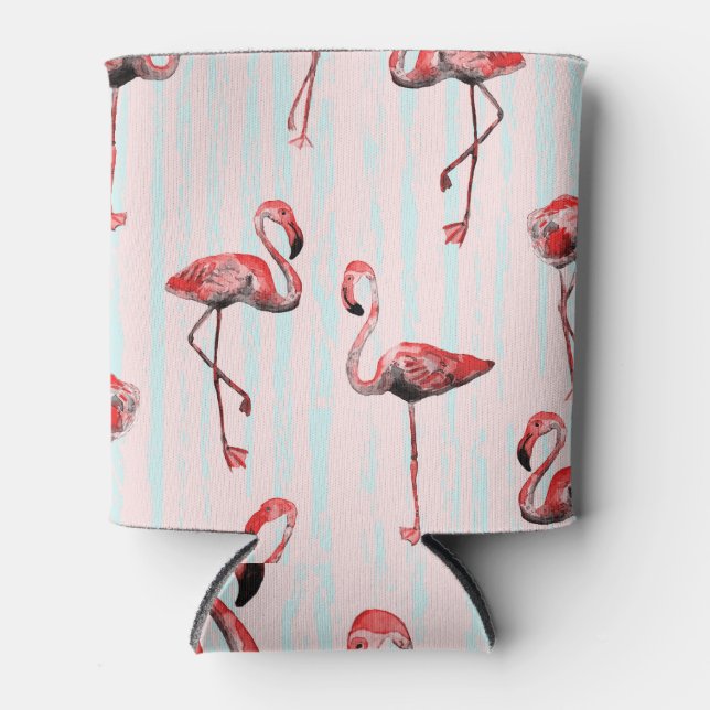 Tropical Flamingo Red Blue Pattern Can Cooler (Front)