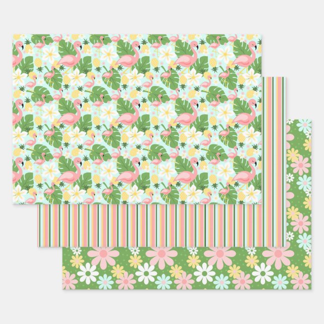 Tropical Flamingo Retro Daisy Flower Stripes Wrapp Wrapping Paper Sheet (Set)