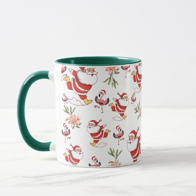 Tropical Flamingo Santa Christmas Pattern green Mug (Left)
