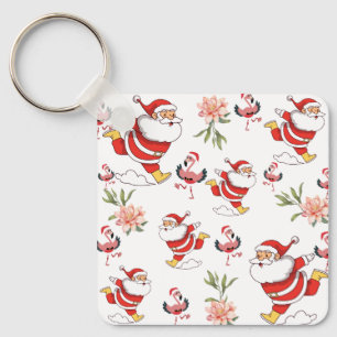 Tropical Flamingo Santa Christmas Pattern Key Ring