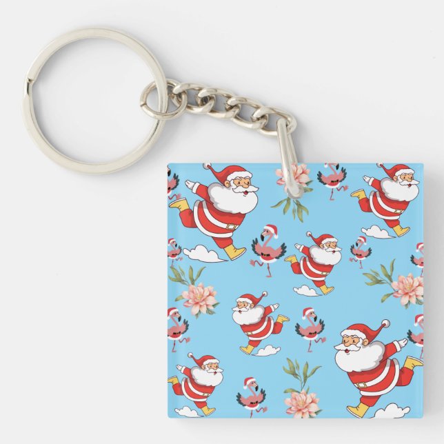 Tropical Flamingo Santa Christmas Pattern Key Ring (Front)