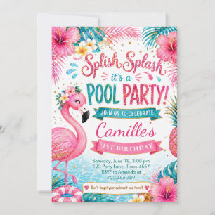 Tropical Flamingo Splash Pool Party Birthday Invitation