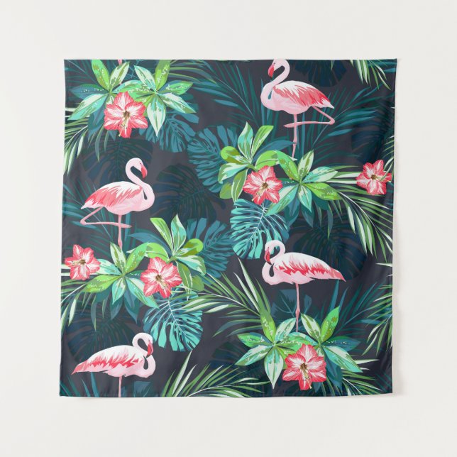 Tropical Flamingo: Summer Flowers Pattern Tapestry (Front)
