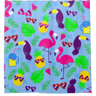 tropical flamingo toucan pineapple watermelon shower curtain