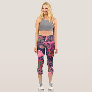 Tropical flamingo: vintage palm pattern. capri leggings