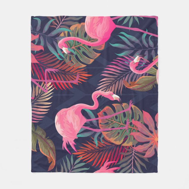 Tropical flamingo: vintage palm pattern. fleece blanket (Front)