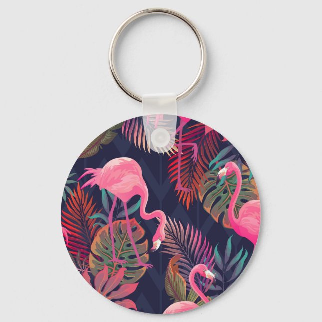 Tropical flamingo: vintage palm pattern. key ring (Front)