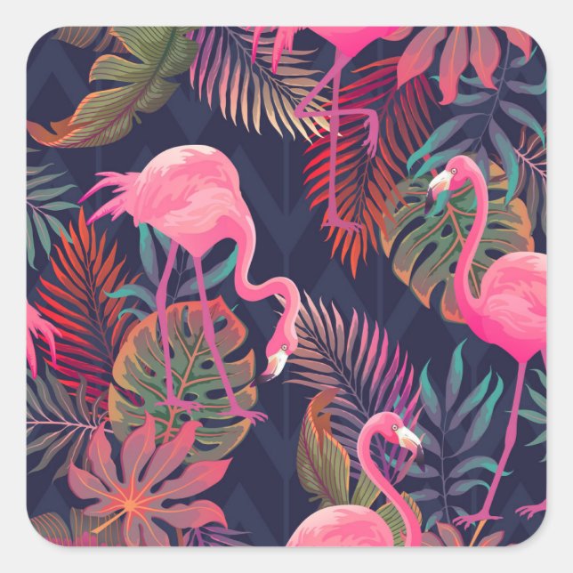 Tropical flamingo: vintage palm pattern. square sticker (Front)