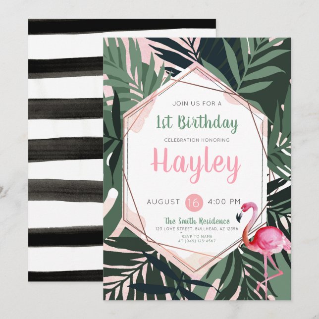 Tropical Flamingo Watercolor Birthday Invitation (Front/Back)