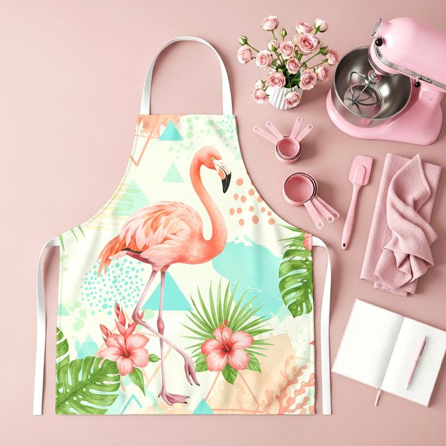 Tropical Flamingo Watercolor & Geometric Pattern Apron (Creator Uploaded)