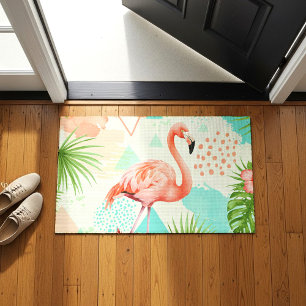 Tropical Flamingo Watercolor & Geometric Pattern Doormat