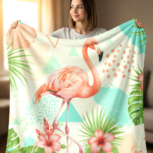 Tropical Flamingo Watercolor & Geometric Pattern Fleece Blanket
