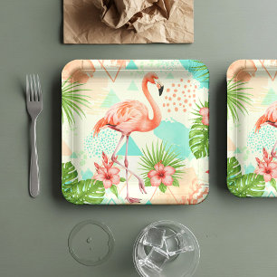 Tropical Flamingo Watercolor & Geometric Pattern Paper Plate