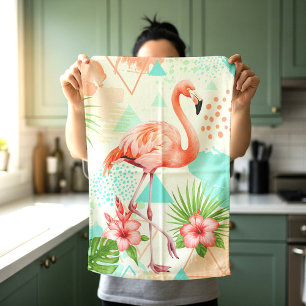 Tropical Flamingo Watercolor & Geometric Pattern Tea Towel